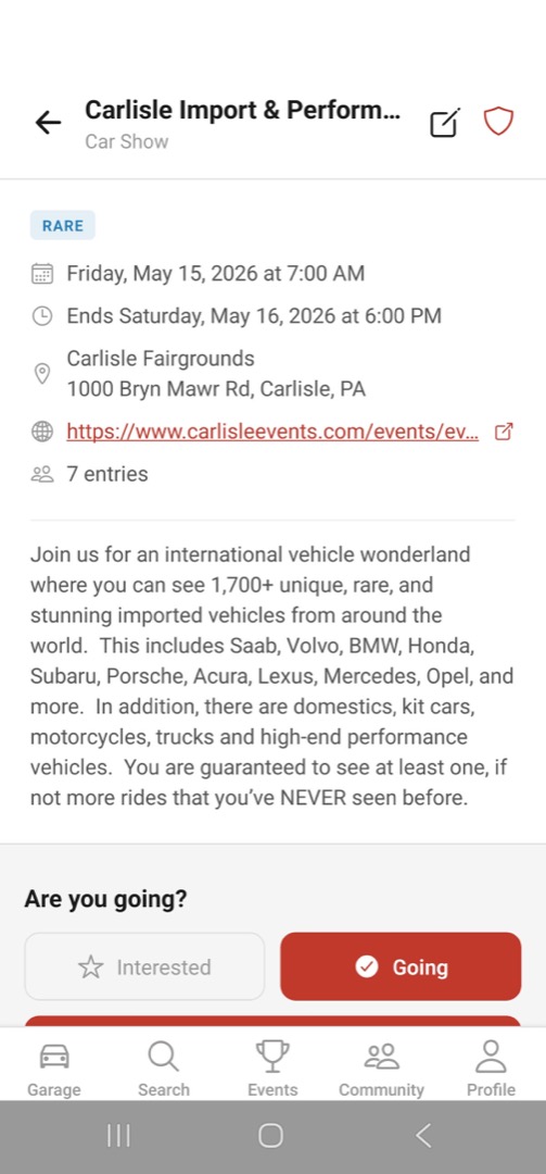 Carlisle Import & Performance event detail in RevBoard