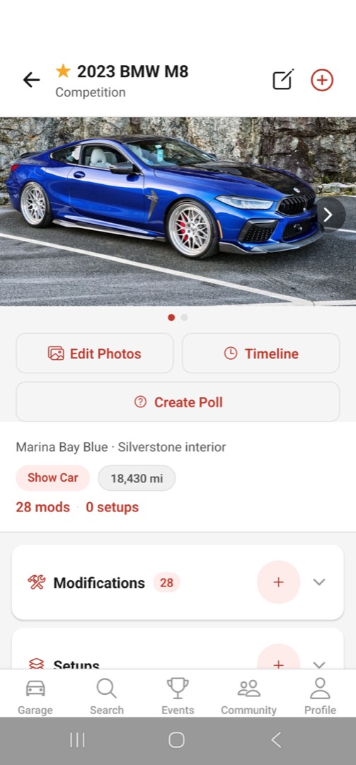 RevBoard car profile showing the 2023 BMW M8